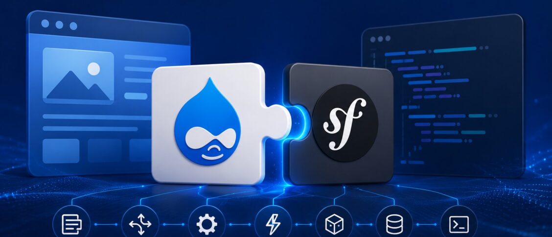 How Drupal is built on Symfony: layered architecture diagram showing Drupal core on top of Symfony components like HttpKernel, EventDispatcher, and DependencyInjection
