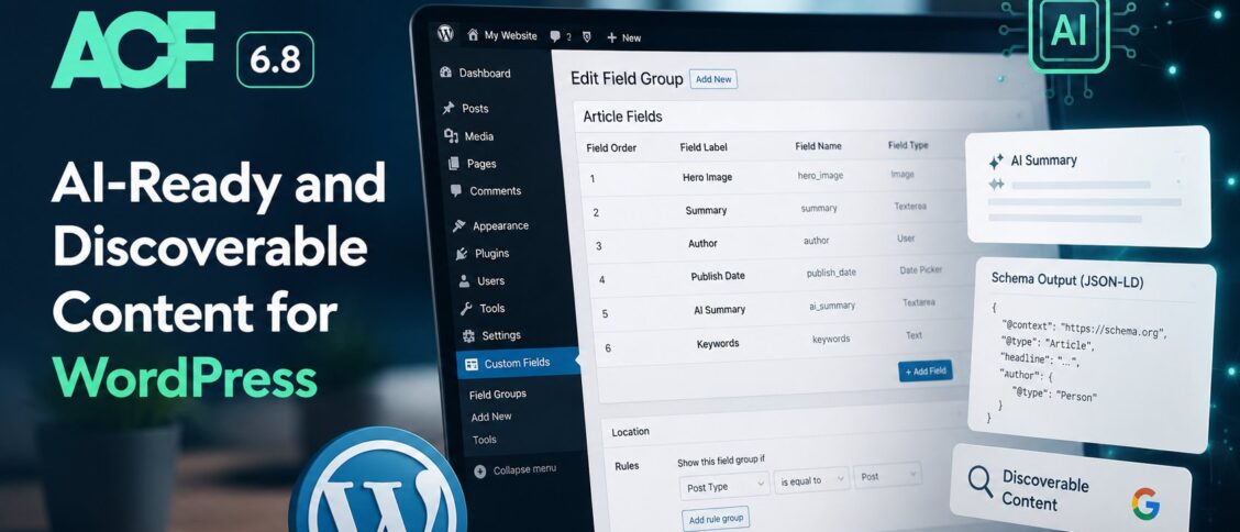 ACF 6.8 release: Advanced Custom Fields 6.8 ships WordPress Abilities API integration that lets AI tools build content models from natural language, automatic Schema.org structured data generation supporting all 867 types and 1,509 properties, and new WP-CLI commands for ACF JSON synchronization in CI/CD pipelines.