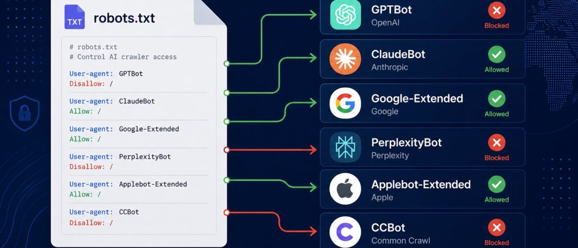 AI crawler access audit: the methodical process publishers use to verify which AI training bots and AI-mediated answer crawlers can access site content via robots.txt rules and server log analysis, covering the major AI crawlers active in 2026 (OpenAI's GPTBot for ChatGPT training, OAI-SearchBot for ChatGPT search, ChatGPT-User for browsing, Google-Extended for Bard/Gemini training, Googlebot for AI Overviews, Anthropic's ClaudeBot for Claude training, Claude-SearchBot for Claude's web access, Perplexity's PerplexityBot, Common Crawl's CCBot, and Apple's Applebot-Extended), the robots.txt directives that grant or deny access to each, the server-log analysis patterns for verifying compliance, and the decision framework publishers face about which AI surfaces to allow access to versus block.