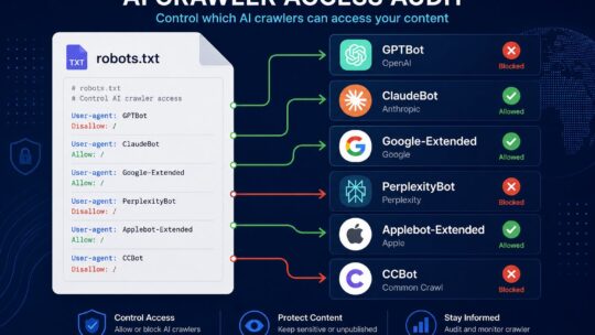 AI crawler access audit: the methodical process publishers use to verify which AI training bots and AI-mediated answer crawlers can access site content via robots.txt rules and server log analysis, covering the major AI crawlers active in 2026 (OpenAI's GPTBot for ChatGPT training, OAI-SearchBot for ChatGPT search, ChatGPT-User for browsing, Google-Extended for Bard/Gemini training, Googlebot for AI Overviews, Anthropic's ClaudeBot for Claude training, Claude-SearchBot for Claude's web access, Perplexity's PerplexityBot, Common Crawl's CCBot, and Apple's Applebot-Extended), the robots.txt directives that grant or deny access to each, the server-log analysis patterns for verifying compliance, and the decision framework publishers face about which AI surfaces to allow access to versus block.