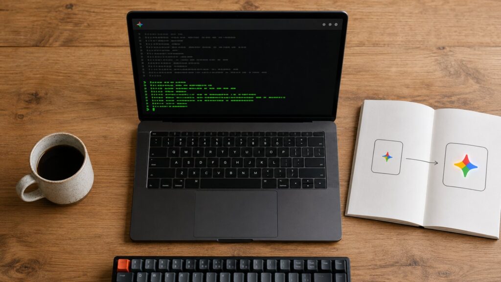 A laptop terminal and notebook sketch showing the move from Google's Gemini CLI to the new Antigravity CLI after the spring 2026 sunset