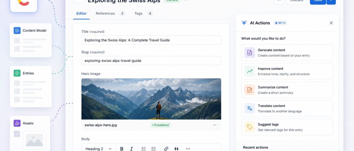 Contentful AI Actions: the feature inside Contentful that lets editors trigger AI-powered workflows directly from the entry editor interface, with a Bring Your Own Model architecture supporting OpenAI, AWS Bedrock, Google Gemini, and (added May 19, 2026) Azure OpenAI as model providers, alongside new assignment and filtering configurations that let admins control which content types and fields specific AI Actions appear on, configure default variable values to reduce repetitive editor work, and position the feature as the foundational content-AI integration layer that Salesforce will extend after closing its June 2026 acquisition of Contentful for the Agentforce strategy.
