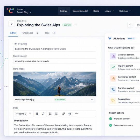 Contentful AI Actions: the feature inside Contentful that lets editors trigger AI-powered workflows directly from the entry editor interface, with a Bring Your Own Model architecture supporting OpenAI, AWS Bedrock, Google Gemini, and (added May 19, 2026) Azure OpenAI as model providers, alongside new assignment and filtering configurations that let admins control which content types and fields specific AI Actions appear on, configure default variable values to reduce repetitive editor work, and position the feature as the foundational content-AI integration layer that Salesforce will extend after closing its June 2026 acquisition of Contentful for the Agentforce strategy.