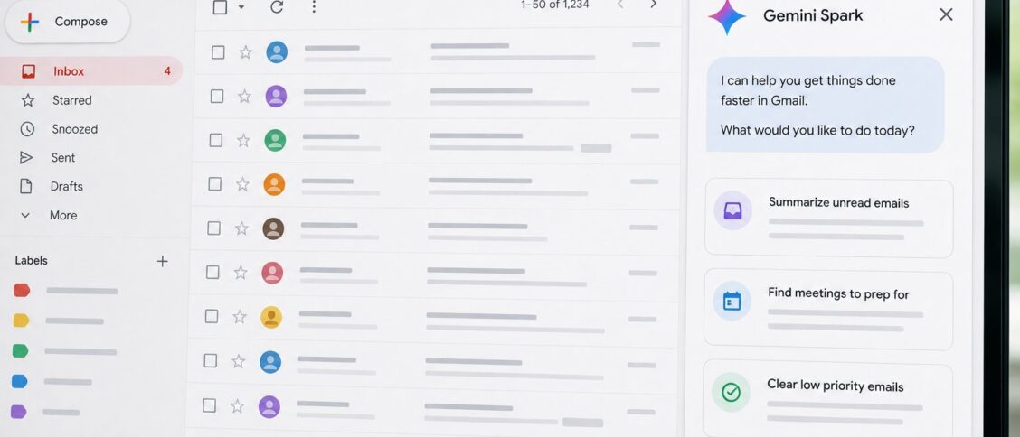 Gemini Spark + Gmail agentic inbox in 2026: the practical surface that Gemini Spark exposes inside Gmail through the agentic inbox capabilities that ship with the Spark personal-AI agent on Android iOS web and the Google Workspace integrations, covering inbox triage by topic and sender importance, draft generation that pulls context from the thread plus the user's Drive and Calendar, calendar-aware scheduling that proposes meeting times against the user's actual availability, follow-up tracking that surfaces emails the user owes a reply to or expects a reply on, attachment-aware actions that read the contents of attached PDFs and spreadsheets, contact-aware tone matching based on the relationship history with the recipient, and the practical limits of the agentic surface around what Spark will autonomously act on versus what it surfaces for explicit user approval.