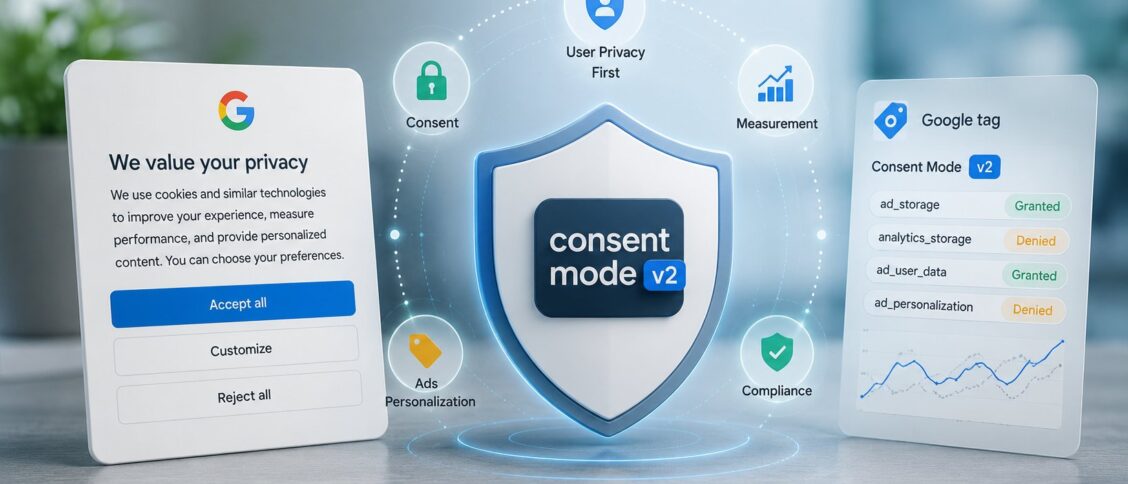 Google Consent Mode v2 explained: the signal layer that communicates user consent choices to Google Ads, Google Analytics 4, and Google Marketing Platform tags via four required parameters (ad_storage, analytics_storage from v1 plus ad_user_data and ad_personalization added in v2), mandatory for EEA and UK advertisers since March 6, 2024 under the EU Digital Markets Act gatekeeper designation rather than GDPR directly, with a Basic mode that blocks all tags until consent versus an Advanced mode that loads tags with denied defaults and sends cookieless pings to enable Google's conversion modeling that reportedly recovers 70 percent or more of lost ad-click-to-conversion journeys for high-volume properties.