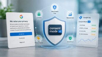 Google Consent Mode v2 explained: the signal layer that communicates user consent choices to Google Ads, Google Analytics 4, and Google Marketing Platform tags via four required parameters (ad_storage, analytics_storage from v1 plus ad_user_data and ad_personalization added in v2), mandatory for EEA and UK advertisers since March 6, 2024 under the EU Digital Markets Act gatekeeper designation rather than GDPR directly, with a Basic mode that blocks all tags until consent versus an Advanced mode that loads tags with denied defaults and sends cookieless pings to enable Google's conversion modeling that reportedly recovers 70 percent or more of lost ad-click-to-conversion journeys for high-volume properties.