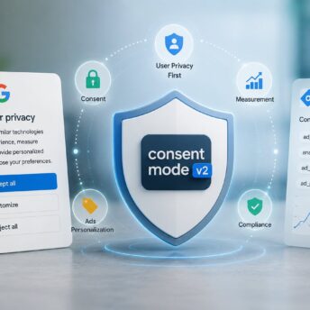 Google Consent Mode v2 explained: the signal layer that communicates user consent choices to Google Ads, Google Analytics 4, and Google Marketing Platform tags via four required parameters (ad_storage, analytics_storage from v1 plus ad_user_data and ad_personalization added in v2), mandatory for EEA and UK advertisers since March 6, 2024 under the EU Digital Markets Act gatekeeper designation rather than GDPR directly, with a Basic mode that blocks all tags until consent versus an Advanced mode that loads tags with denied defaults and sends cookieless pings to enable Google's conversion modeling that reportedly recovers 70 percent or more of lost ad-click-to-conversion journeys for high-volume properties.