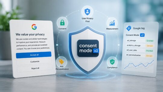 Google Consent Mode v2 explained: the signal layer that communicates user consent choices to Google Ads, Google Analytics 4, and Google Marketing Platform tags via four required parameters (ad_storage, analytics_storage from v1 plus ad_user_data and ad_personalization added in v2), mandatory for EEA and UK advertisers since March 6, 2024 under the EU Digital Markets Act gatekeeper designation rather than GDPR directly, with a Basic mode that blocks all tags until consent versus an Advanced mode that loads tags with denied defaults and sends cookieless pings to enable Google's conversion modeling that reportedly recovers 70 percent or more of lost ad-click-to-conversion journeys for high-volume properties.