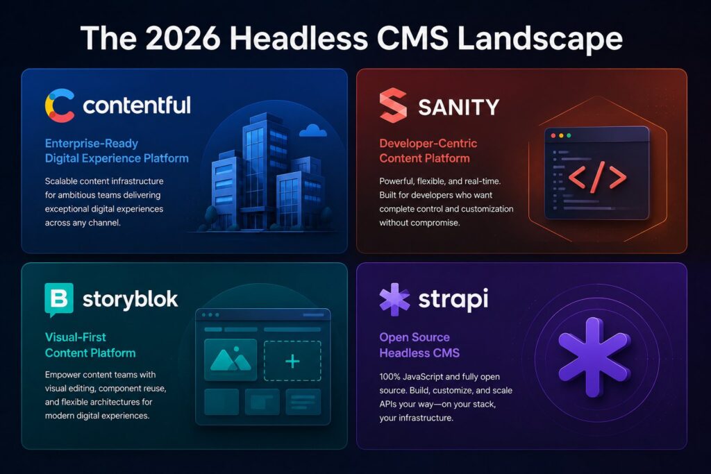The 2026 headless CMS landscape: an overview of the four most established platforms (Contentful as the enterprise default with mature governance and the broadest framework support, Sanity as the developer-focused option with real-time collaboration and a fully customizable Studio interface, Storyblok as the visual-editing-first headless CMS that gives editors a what-you-see-is-what-you-get experience while keeping content structured underneath, and Strapi as the leading open-source self-hostable platform), plus the adjacent platforms worth knowing about (Sitecore XM Cloud, Adobe Experience Manager, headless WordPress, Builder.io, Hygraph, Payload CMS), described in terms of what each platform is designed to do and the teams that typically choose it rather than ranked or recommended.