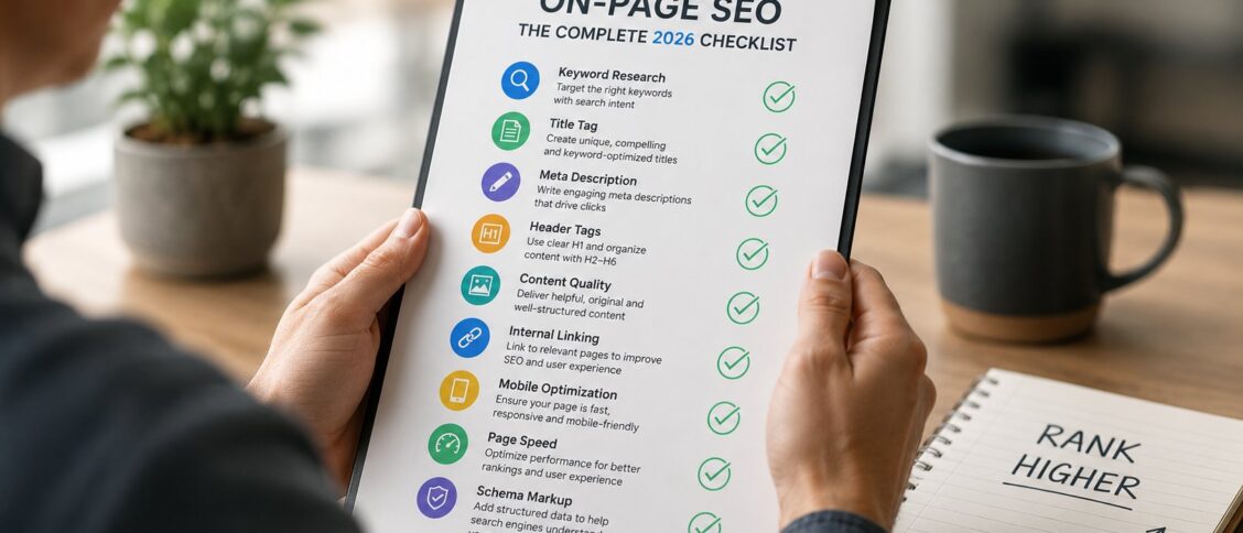 On-page SEO 2026 checklist: the elements within each webpage that influence search rankings, including title tags (the headline shown in search results and browser tabs, 50-60 characters with the focus keyphrase at the start), meta descriptions (the snippet under the title in search results, 120-156 characters with a compelling reason to click), header hierarchy (one H1 per page matching the title, descriptive H2 and H3 subheadings that signal content structure), keyword placement (the focus keyphrase in the title, first sentence, at least one H2, and the meta description), internal linking (3-5 contextual links to related content per long-form post), image SEO (descriptive filenames, alt text, lazy loading, modern formats), and content depth that satisfies the underlying search intent.