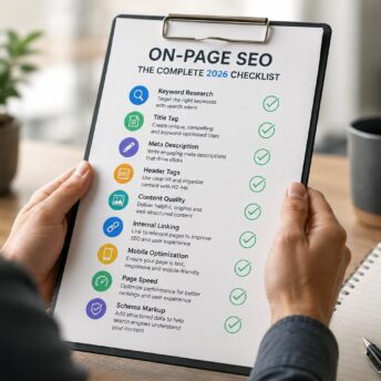 On-page SEO 2026 checklist: the elements within each webpage that influence search rankings, including title tags (the headline shown in search results and browser tabs, 50-60 characters with the focus keyphrase at the start), meta descriptions (the snippet under the title in search results, 120-156 characters with a compelling reason to click), header hierarchy (one H1 per page matching the title, descriptive H2 and H3 subheadings that signal content structure), keyword placement (the focus keyphrase in the title, first sentence, at least one H2, and the meta description), internal linking (3-5 contextual links to related content per long-form post), image SEO (descriptive filenames, alt text, lazy loading, modern formats), and content depth that satisfies the underlying search intent.
