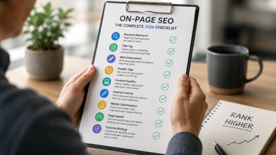 On-page SEO 2026 checklist: the elements within each webpage that influence search rankings, including title tags (the headline shown in search results and browser tabs, 50-60 characters with the focus keyphrase at the start), meta descriptions (the snippet under the title in search results, 120-156 characters with a compelling reason to click), header hierarchy (one H1 per page matching the title, descriptive H2 and H3 subheadings that signal content structure), keyword placement (the focus keyphrase in the title, first sentence, at least one H2, and the meta description), internal linking (3-5 contextual links to related content per long-form post), image SEO (descriptive filenames, alt text, lazy loading, modern formats), and content depth that satisfies the underlying search intent.