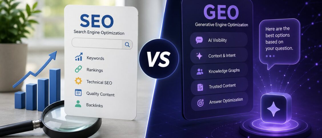 SEO vs GEO: the strategic comparison between traditional Search Engine Optimization that targets ranking positions in Google's blue-link results and Generative Engine Optimization that targets citation in Google AI Overviews, ChatGPT search, Perplexity, and other AI-mediated answer surfaces, covering the substantial overlap in foundational practices (Core Web Vitals, structured data, E-E-A-T quality signals, authoritative content depth), the genuine divergences in content patterns (extractable question-answer format, source citation hygiene, comprehensive topical coverage), the traffic-economics implications of zero-click AI answers replacing clicks to ranking pages, and the practical content strategy that lets a single piece of work serve both surfaces well.