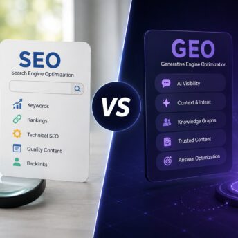 SEO vs GEO: the strategic comparison between traditional Search Engine Optimization that targets ranking positions in Google's blue-link results and Generative Engine Optimization that targets citation in Google AI Overviews, ChatGPT search, Perplexity, and other AI-mediated answer surfaces, covering the substantial overlap in foundational practices (Core Web Vitals, structured data, E-E-A-T quality signals, authoritative content depth), the genuine divergences in content patterns (extractable question-answer format, source citation hygiene, comprehensive topical coverage), the traffic-economics implications of zero-click AI answers replacing clicks to ranking pages, and the practical content strategy that lets a single piece of work serve both surfaces well.