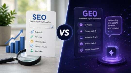 SEO vs GEO: the strategic comparison between traditional Search Engine Optimization that targets ranking positions in Google's blue-link results and Generative Engine Optimization that targets citation in Google AI Overviews, ChatGPT search, Perplexity, and other AI-mediated answer surfaces, covering the substantial overlap in foundational practices (Core Web Vitals, structured data, E-E-A-T quality signals, authoritative content depth), the genuine divergences in content patterns (extractable question-answer format, source citation hygiene, comprehensive topical coverage), the traffic-economics implications of zero-click AI answers replacing clicks to ranking pages, and the practical content strategy that lets a single piece of work serve both surfaces well.