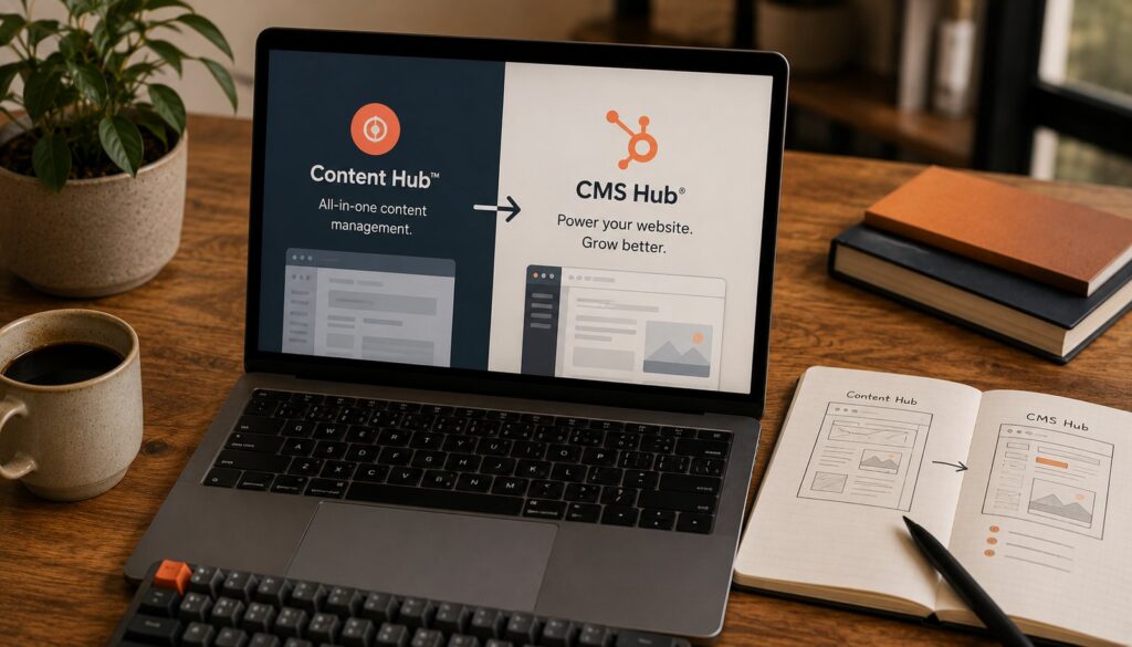 HubSpot Content Hub and CMS Hub product names side by side on a laptop, illustrating the rebrand from all-in-one content management to CMS Hub
