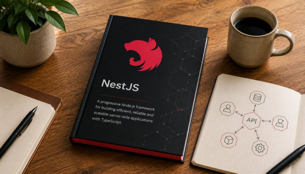 NestJS displayed on a book cover on a desk beside a hand-drawn API architecture diagram showing the Node.js framework's module and service structure