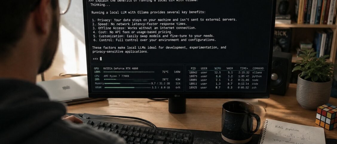 What is Ollama: the open-source command-line and HTTP-API tool that became the most-adopted local LLM runtime through 2024 and 2026 by abstracting the substantial complexity of model loading quantization and serving into a few simple commands so that a single ollama run llama4 invocation downloads the appropriate model file applies sensible quantization defaults loads the model into memory and starts an inference session in minutes rather than the hours of manual configuration that running open-weight models locally previously required, with native support for the GGUF model file format that has become the de facto standard for quantized local inference and a model library that curates the major open-weight families including Llama 4 Mistral Mixtral DeepSeek V4 Qwen 3 Microsoft's Phi-4 Google's Gemma 3 and many specialized variants so that downloading and running any of them requires only the model name rather than the manual file management that competing approaches require.