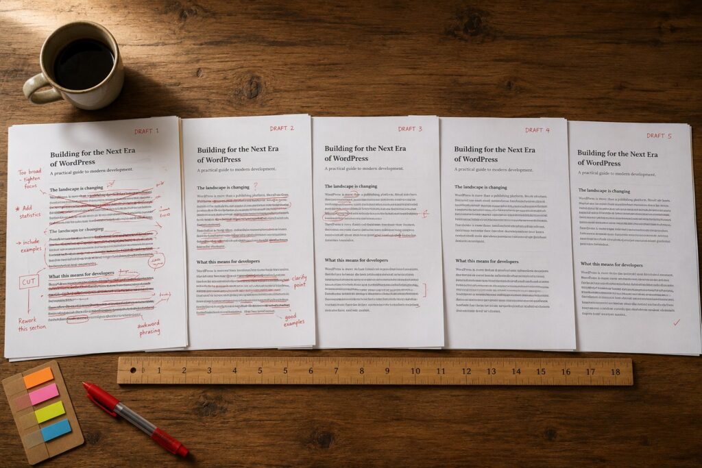 WordPress 7.0 Visual Revisions Timeline: the redesigned revisions interface that ships with WordPress 7.0 replacing the old two-pane text-diff revisions screen with a horizontal timeline view that shows revisions as cards arranged chronologically with author labels and change summaries, supports filtering by author and date range, surfaces visual previews of each revision rather than only the text diff, supports per-block restoration from any revision rather than only whole-post restoration, and integrates with the new pattern-as-component model so that revisions of synchronized patterns are tracked separately from the posts that embed them.