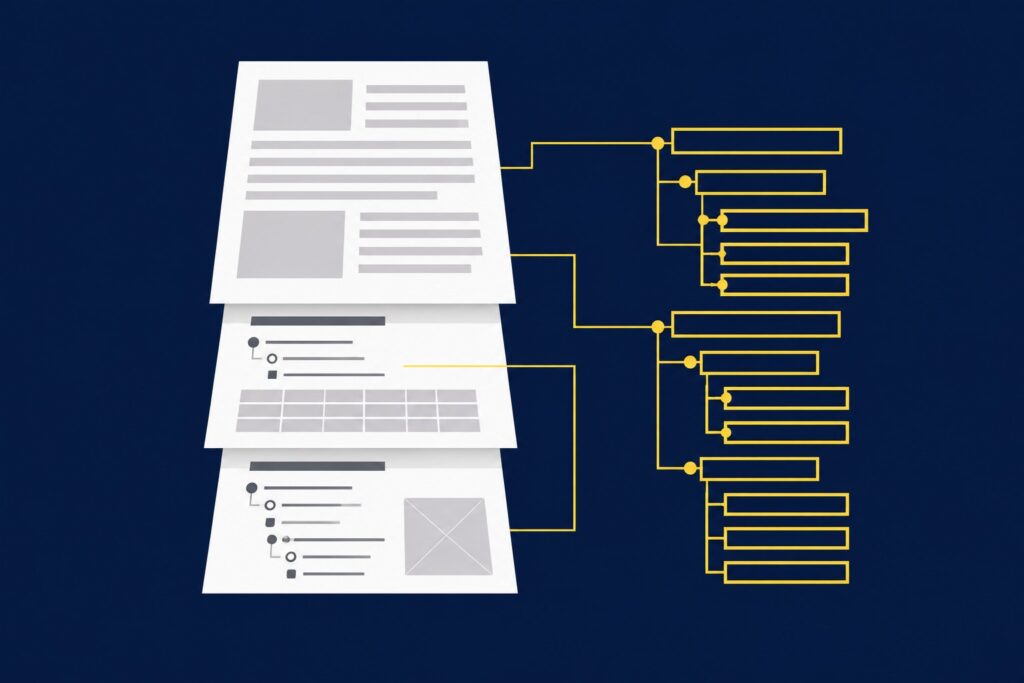 Accessible PDF structure shown as a document whose tag layers peel apart into an ordered outline of headings, images, and table cells