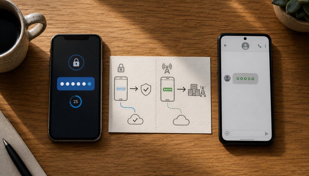 Authenticator apps explained: the substantive security difference between a six-digit time-based one-time password (TOTP) code generated locally on a phone by an authenticator app like Google Authenticator Microsoft Authenticator Authy or 1Password and a six-digit code delivered to the same phone over SMS text message covering the TOTP shared-secret mechanism that means the code never travels over the wire to reach the user the SS7 protocol weakness that makes SMS interception possible without compromising the user's phone the SIM swapping attack pattern where an attacker convinces a mobile carrier to port the victim's phone number to a SIM the attacker controls and the threat model that multi-factor authentication actually defends against which is not just shoulder-surfing of passwords but the much broader pattern of credentials leaked through phishing data breaches malware password reuse and the various other paths that bring valid passwords into attacker hands.