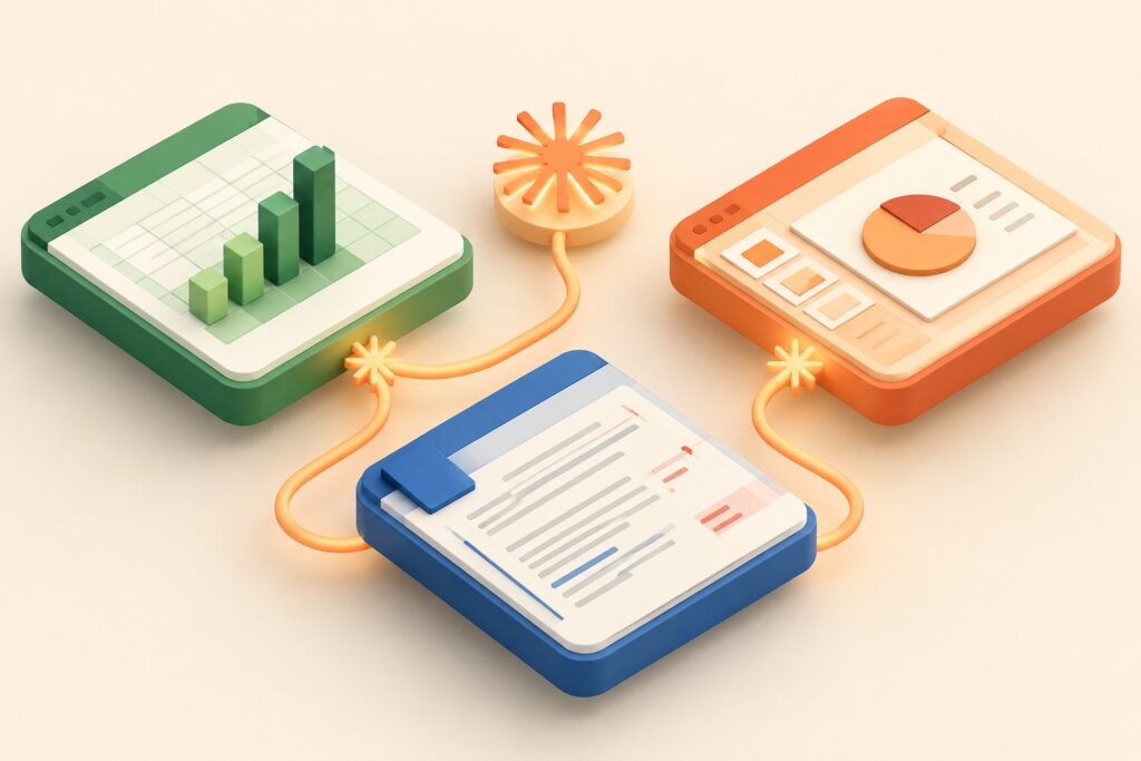 Isometric tiles of Excel, PowerPoint, and Word connected by a Claude-orange spark, showing Claude in Microsoft Office