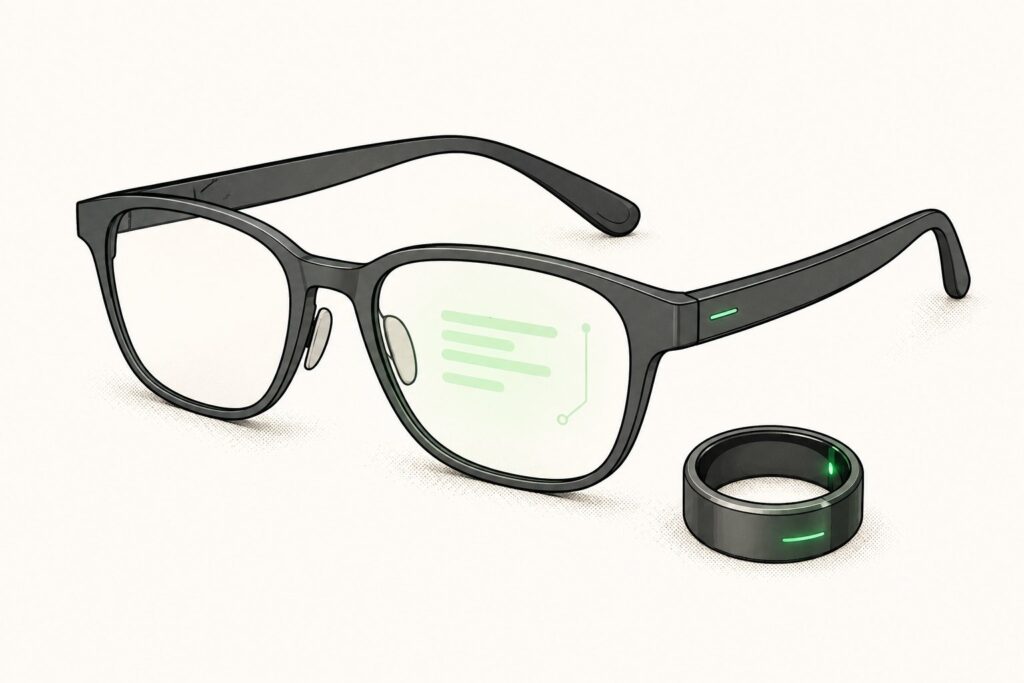 Even Realities G2 camera-free display smart glasses paired with the R1 smart ring: the 36-gram G2 glasses project a monochrome green micro-LED heads-up display into the wearer's line of sight for on-demand AI prompts, translation, and teleprompting without any camera or external speakers, while the ceramic R1 ring on the wearer's finger controls the interface with tap and scroll gestures and tracks health metrics such as heart rate, blood oxygen, sleep, and steps.