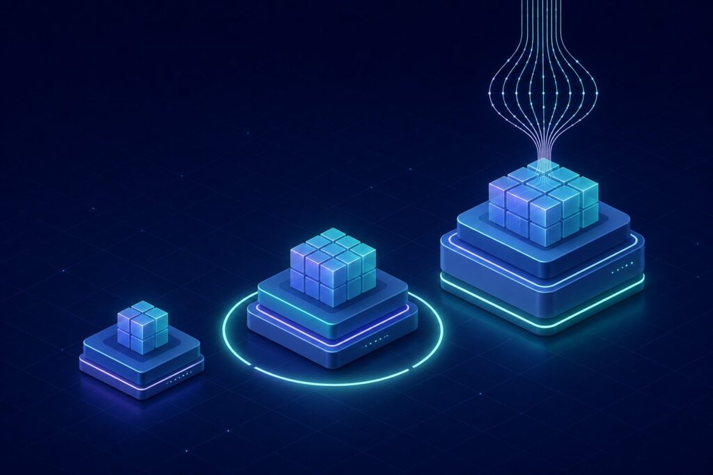 Getting started with GPT-5.6 illustrated as three ascending isometric platforms representing the Sol, Terra, and Luna tiers, with a glowing selector highlighting a tier and fine parallel light-threads above the largest platform suggesting the ultra reasoning mode.
