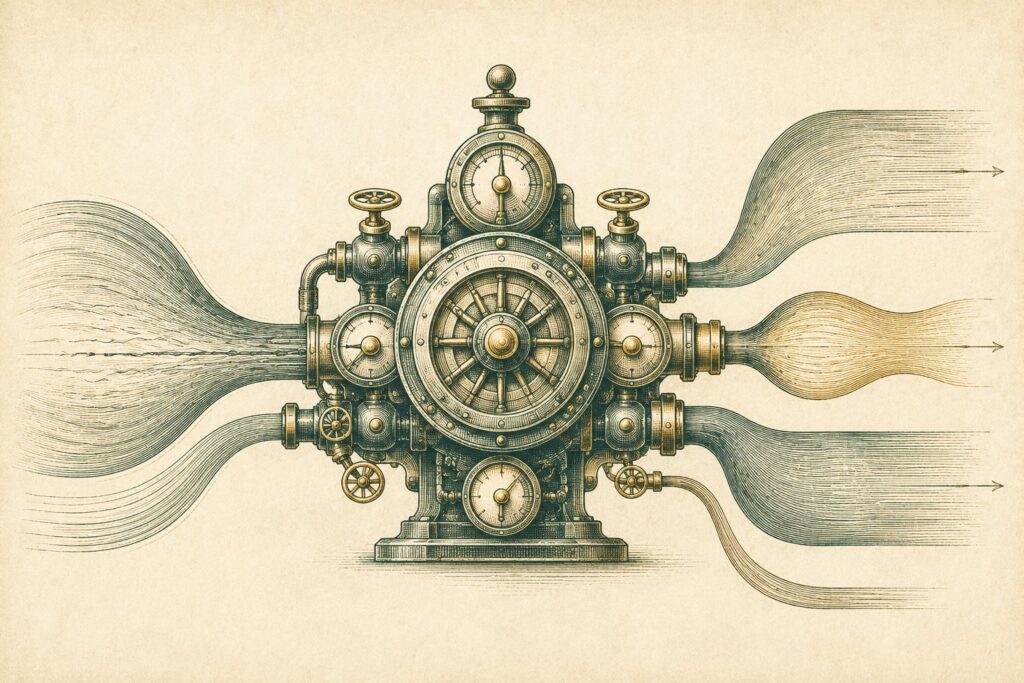 Intaglio engraving of interlocking dials routing branching budget streams, evoking managing AI investments in the agentic era