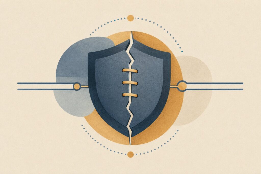 Flat illustration of a cracked shield being sealed, evoking the OpenAI Hugging Face security incident.