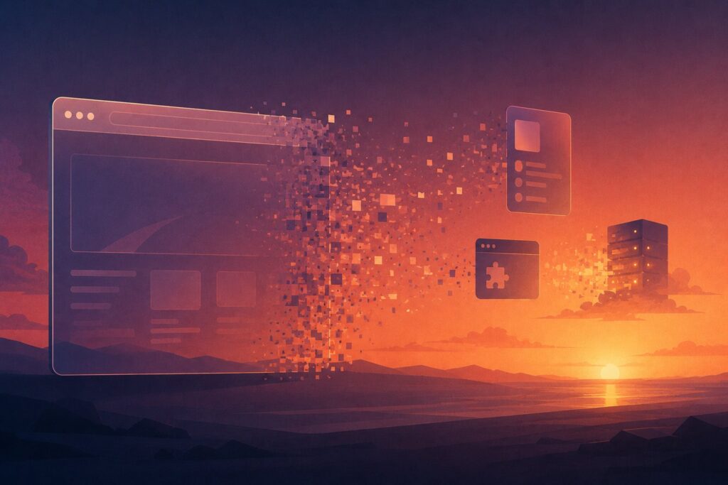The ChatGPT Atlas browser window dissolving into pixels at dusk as its features drift away and reform into smaller shapes, illustrating OpenAI retiring the Atlas browser and moving AI browsing into the ChatGPT desktop app, a Chrome extension, and a cloud browser.