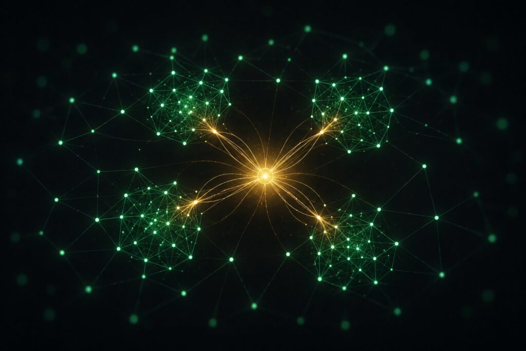 pgvector on Supabase: clustered document embeddings connecting to a central query point in a retrieval-augmented generation pipeline