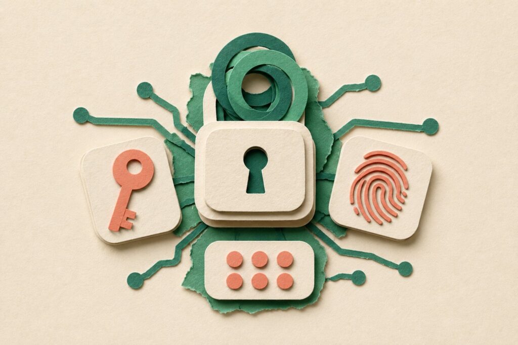 Supabase Auth architecture: Row Level Security policies, passkeys, and TOTP multi-factor authentication protecting a Postgres database
