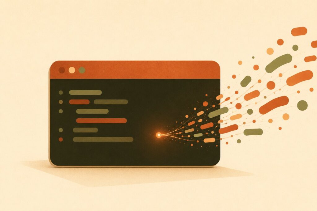 Warm minimalist illustration of a terminal window with tokens streaming, evoking the Vercel AI SDK