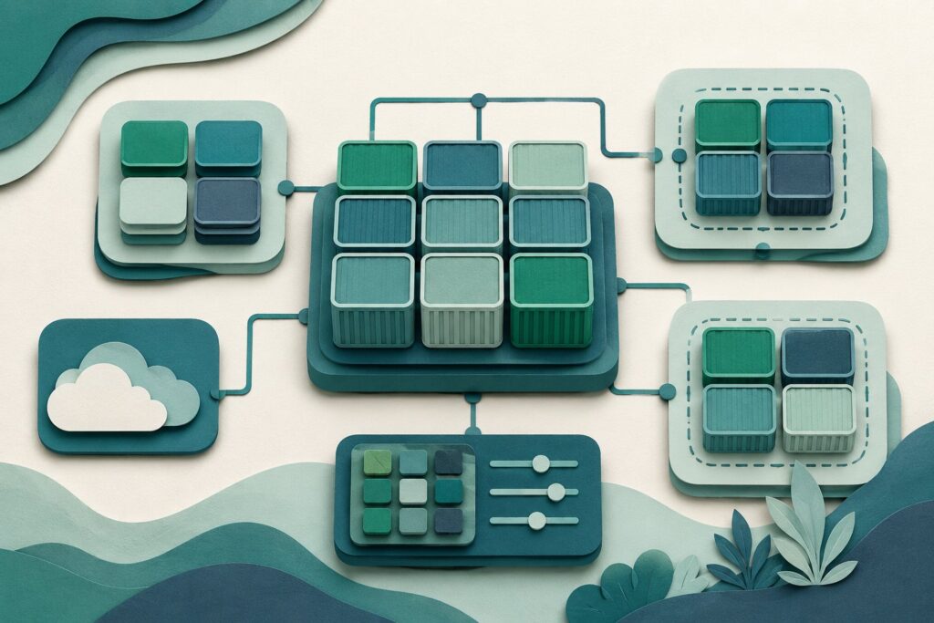 Containers illustrated in a cut-paper style as modular blocks grouped into interlocking clusters and connected by lines, with a cloud nearby, representing how containers package applications and how Docker builds and Kubernetes orchestrates them.