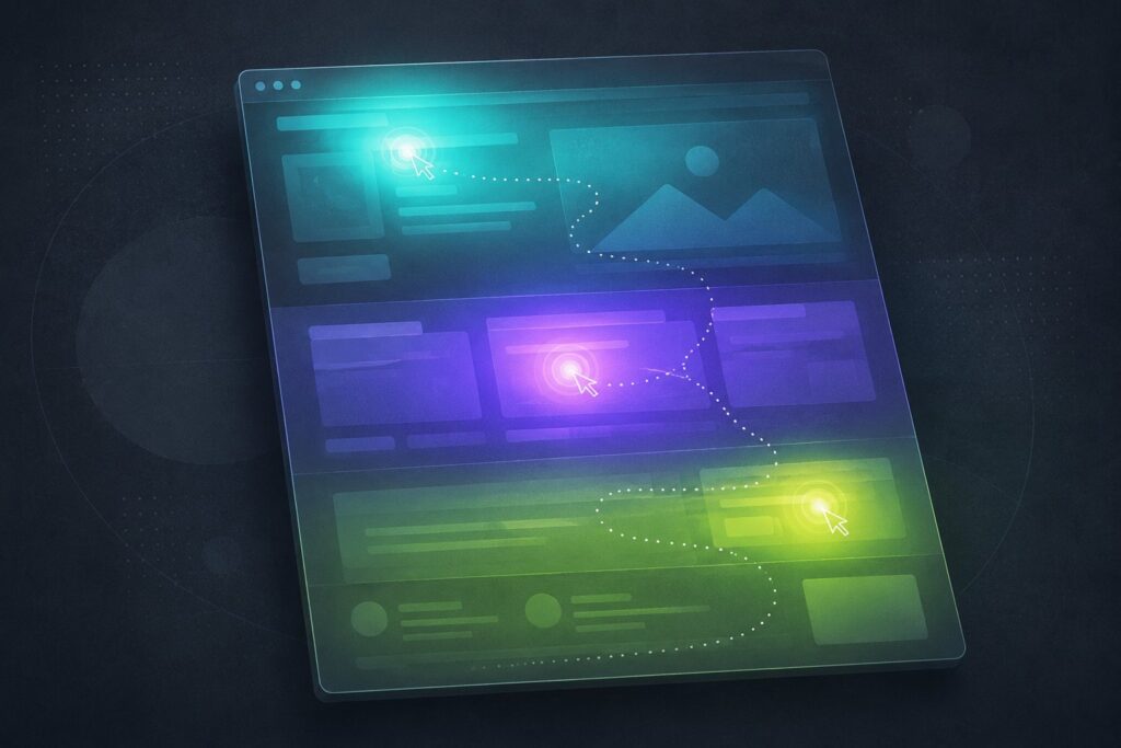 Abstract visualization of a webpage layout with Crazy Egg style click and scroll intensity zones glowing across sections of the page