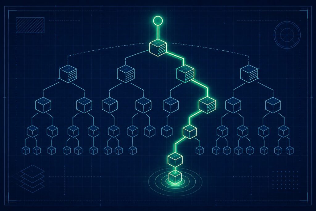 What is DNS illustrated as a blueprint-style directory tree on a dark background with one glowing path tracing from a name down through a tiered hierarchy to a resolved destination, representing how the Domain Name System resolves a domain name to an IP address.