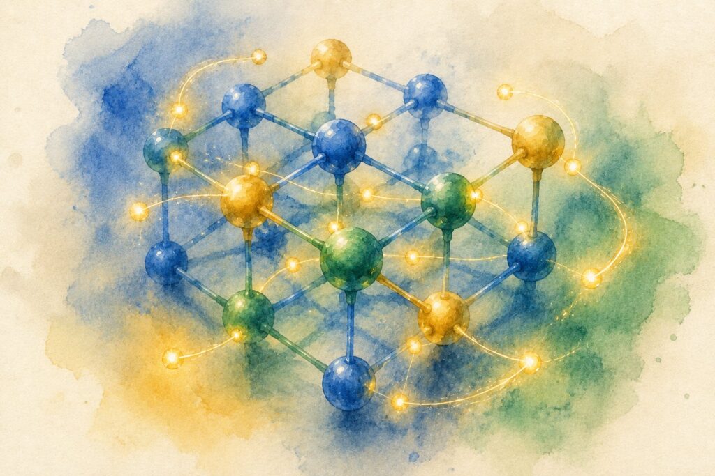 Watercolor scientific illustration for Microsoft Discovery, an agentic-AI platform for scientific R&D, showing AI agents exploring a molecular lattice in cobalt, emerald, and gold.