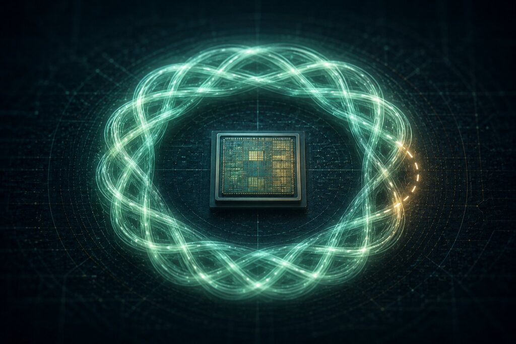 Conceptual illustration of Microsoft Majorana 2, a second-generation topological quantum chip scaling to 12 qubits with a claimed 1,000-fold reliability gain and a mean qubit lifetime near 20 seconds, set against the unresolved scientific debate over whether the device truly exhibits Majorana zero modes.