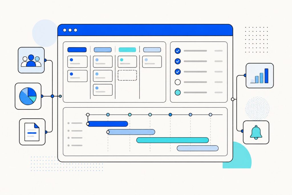 What is project management software: a category of tools that help teams plan, organize, track, and deliver work, spanning task and project trackers like Asana, visual work operating systems and Kanban boards like Monday.com and Trello, all-in-one work-management platforms like ClickUp, docs-first workspaces like Notion, classic scheduling and Gantt tools like Microsoft Project (now consolidating into Microsoft Planner), agile issue trackers like Jira, spreadsheet-style work management like Smartsheet, and opinionated simple tools like Basecamp, each built around tasks, timelines, boards, collaboration, automation, reporting, and increasingly AI.