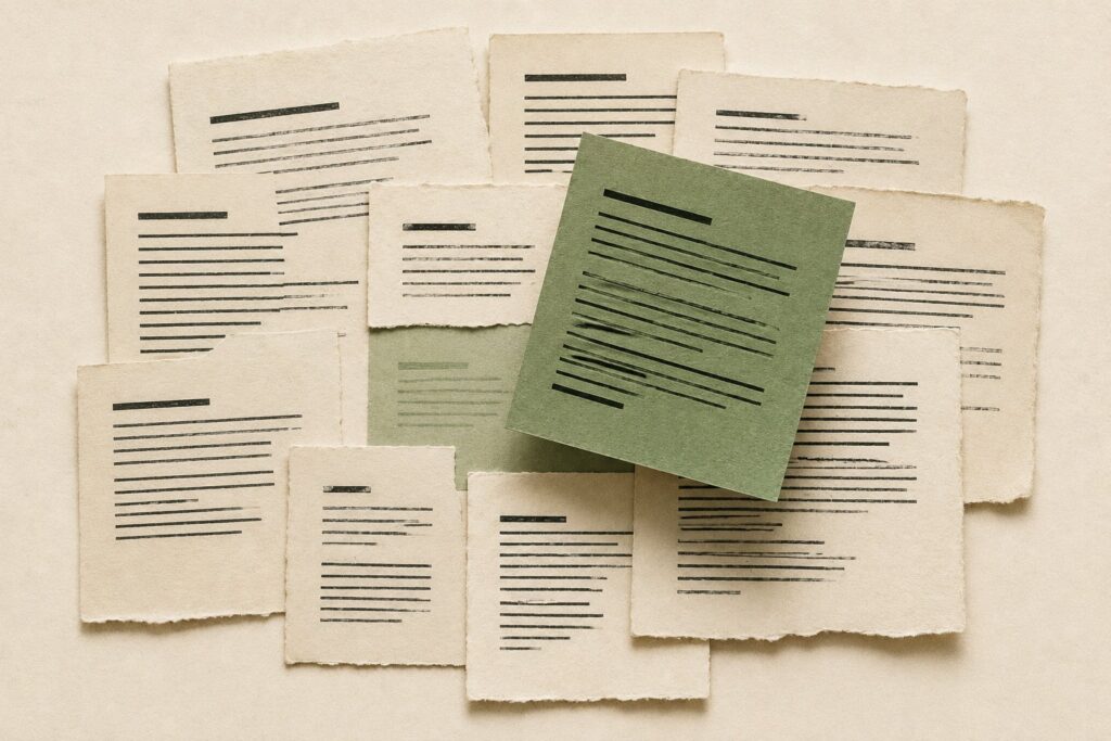 Paper collage of overlapping abstract text-block fragments with one fragment lifted and highlighted, illustrating writing for AI citation and the citable sentence