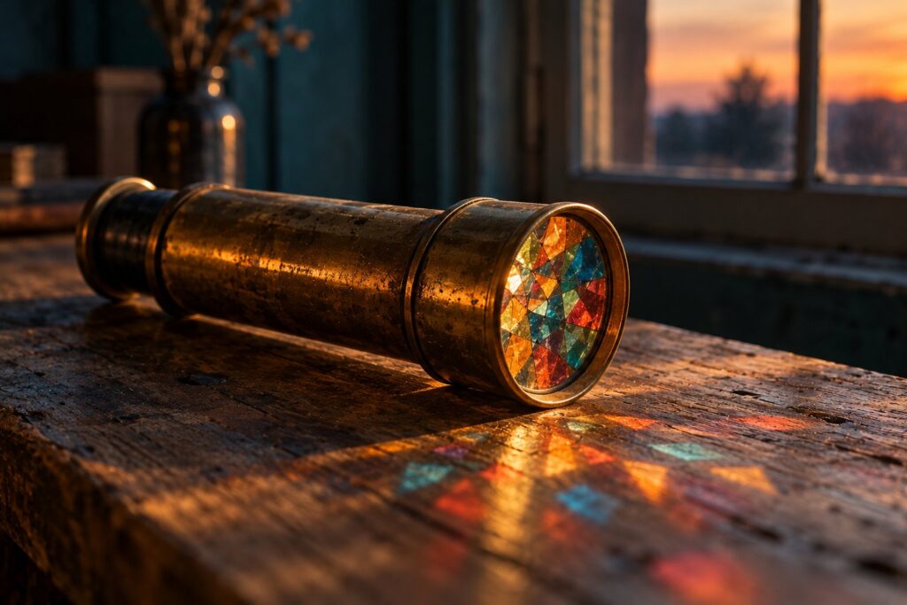A cinematic photograph of a brass kaleidoscope resting on a worn wooden table near a window at dusk, throwing scattered patches of colored light across the tabletop, the same few pieces of glass rearranged into many patterns, a visual for ChatGPT Ads creative enhancements that rework an advertiser's existing copy, images and links into new versions