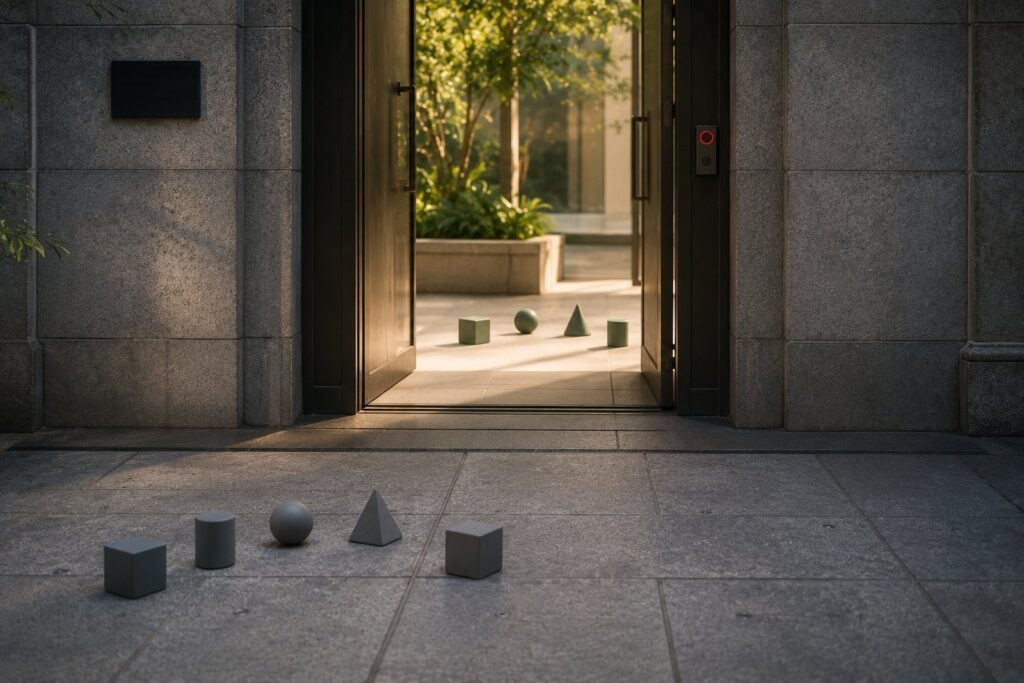 An editorial photograph of a stone office entrance with a heavy door propped open to a sunlit courtyard and five concrete shapes resting near the threshold, a visual for the ChatGPT Chrome extension, which can now act in open tabs, and the site access an IT team decides to allow