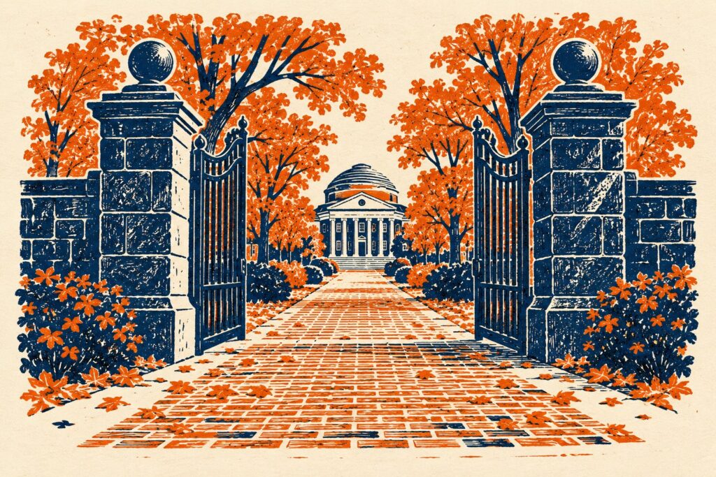 A two-color linocut print in deep navy and burnt orange on cream paper showing an open stone campus gateway with iron gates swung wide, a brick path leading through it toward a distant domed hall, and autumn trees on either side, a visual for the ChatGPT College Planner and the admissions, deadline and financial aid information colleges publish for students