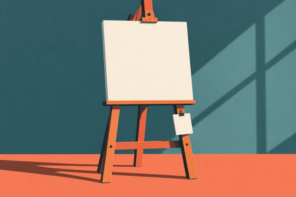 A bold flat vector illustration in coral, teal and charcoal of a simple artist's easel holding a large blank canvas, with a small blank card clipped to the easel leg below the canvas and kept apart from it, a visual for ChatGPT visual ads that appear beside image generation but stay separate from the image being made