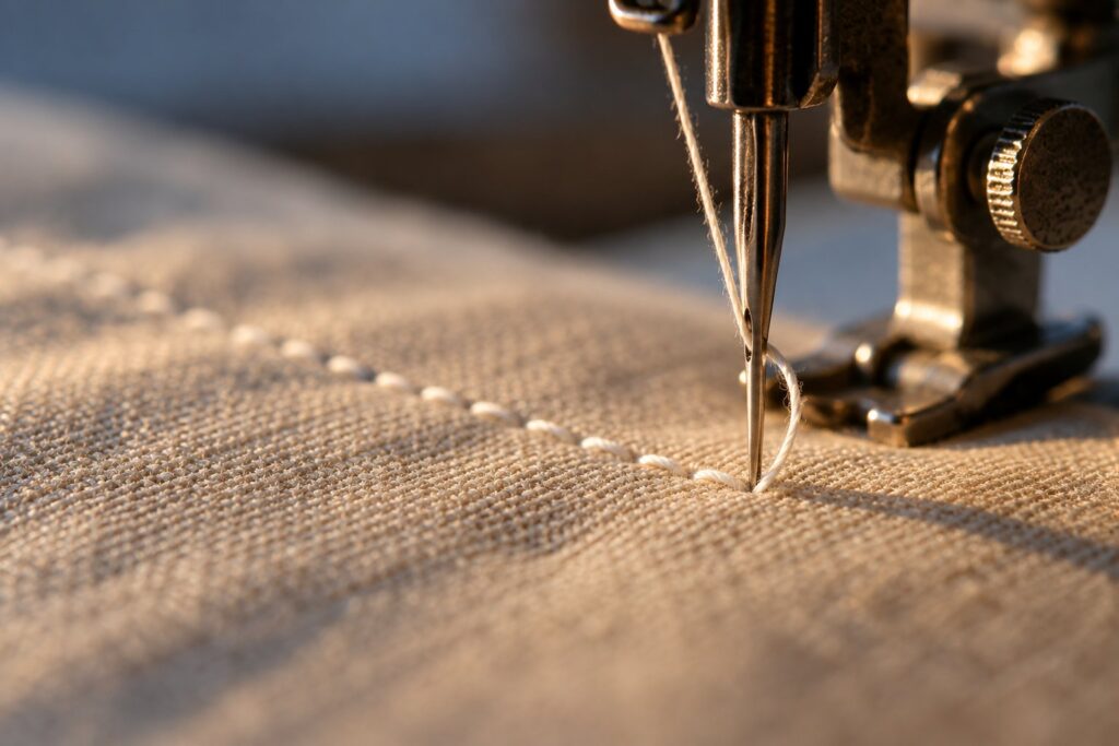 A macro photograph in shallow focus of a fine steel sewing machine needle stitching through plain natural linen, the needle tip and a small loop of white thread sharp in warm side light while the rest of the stitch line falls away into soft blur, a visual for Claude Haiku 5.5, Anthropic's small, fast model built for high-volume, repetitive work at a low price per token