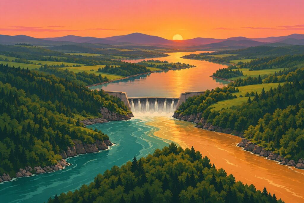 A 1970s-style travel poster illustration with flat color gradients showing a curved concrete dam above a forested valley at sunset, with a teal river and an amber river flowing side by side below it toward the viewer, a visual for Deno Deploy winding down as the Deno team joins Cloudflare to build self-hosted Workers on the open-source workerd runtime