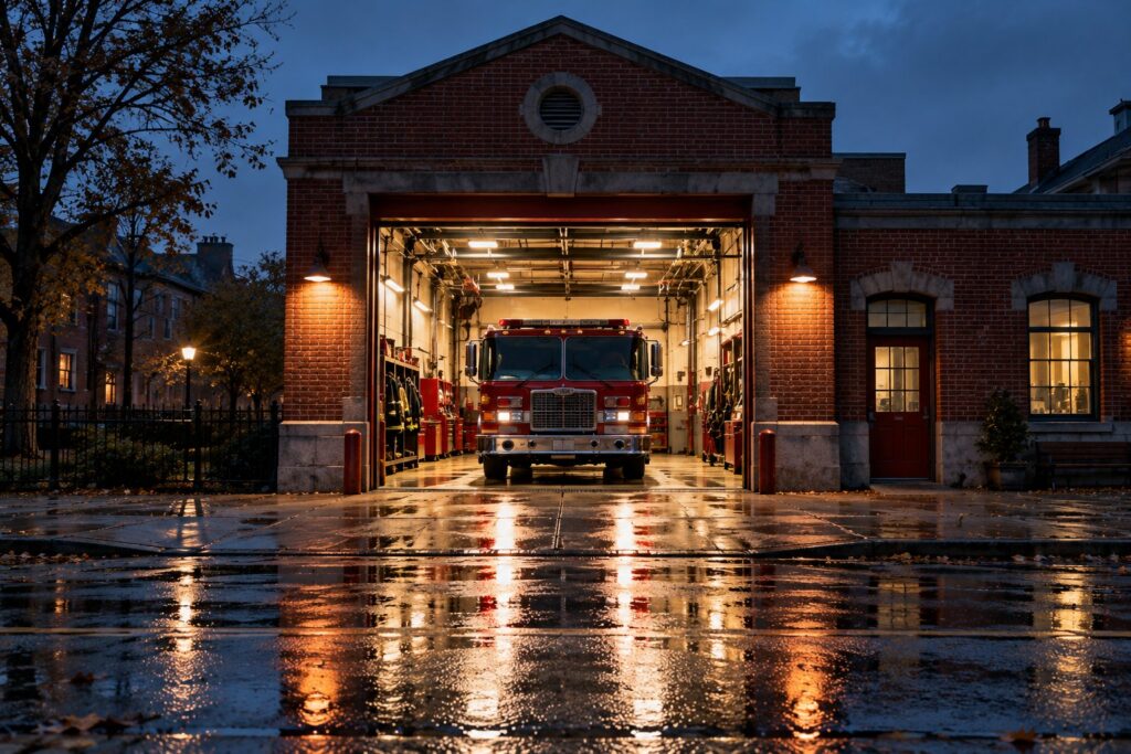 A high-contrast night photograph in cool blue tones of a small brick firehouse with its red bay door rolled open and the bay lit bright white, puddles on the wet street catching the light, a visual for the critical Drupal core security release of October 14, 2026 and the short window site owners have to update before exploits appear
