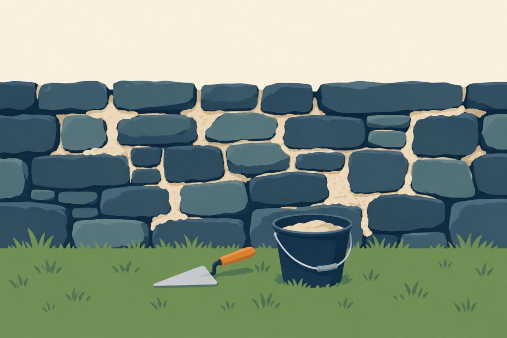 A bold flat vector illustration of an old stone garden wall with several fresh mortar patches, a mason's trowel and a small bucket of mortar resting at its base, a visual for triaging the October 7 Drupal module advisories and patching the most serious ones first