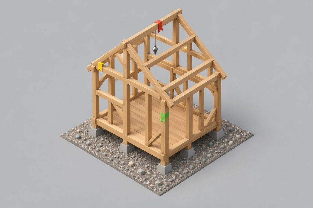 An isometric low-poly 3D render of the open timber frame of a small house on a gravel plot, a few beams marked with red, yellow and green ribbon flags like an inspector's marks, a visual for running the Drupal Upgrade Status scan to find what blocks a Drupal 10 site from moving to Drupal 11